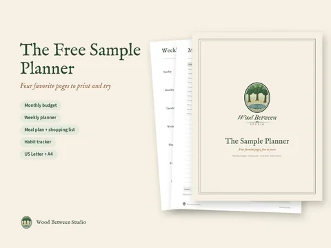 Pages from the free sample planner: cover, monthly budget and weekly planner