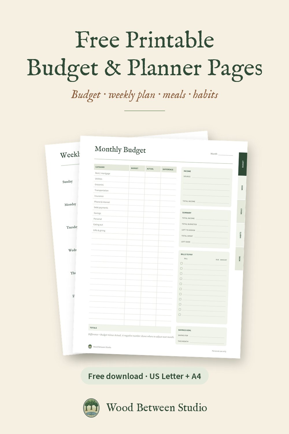 Pinterest image: Free printable budget and planner pages from Wood Between Studio