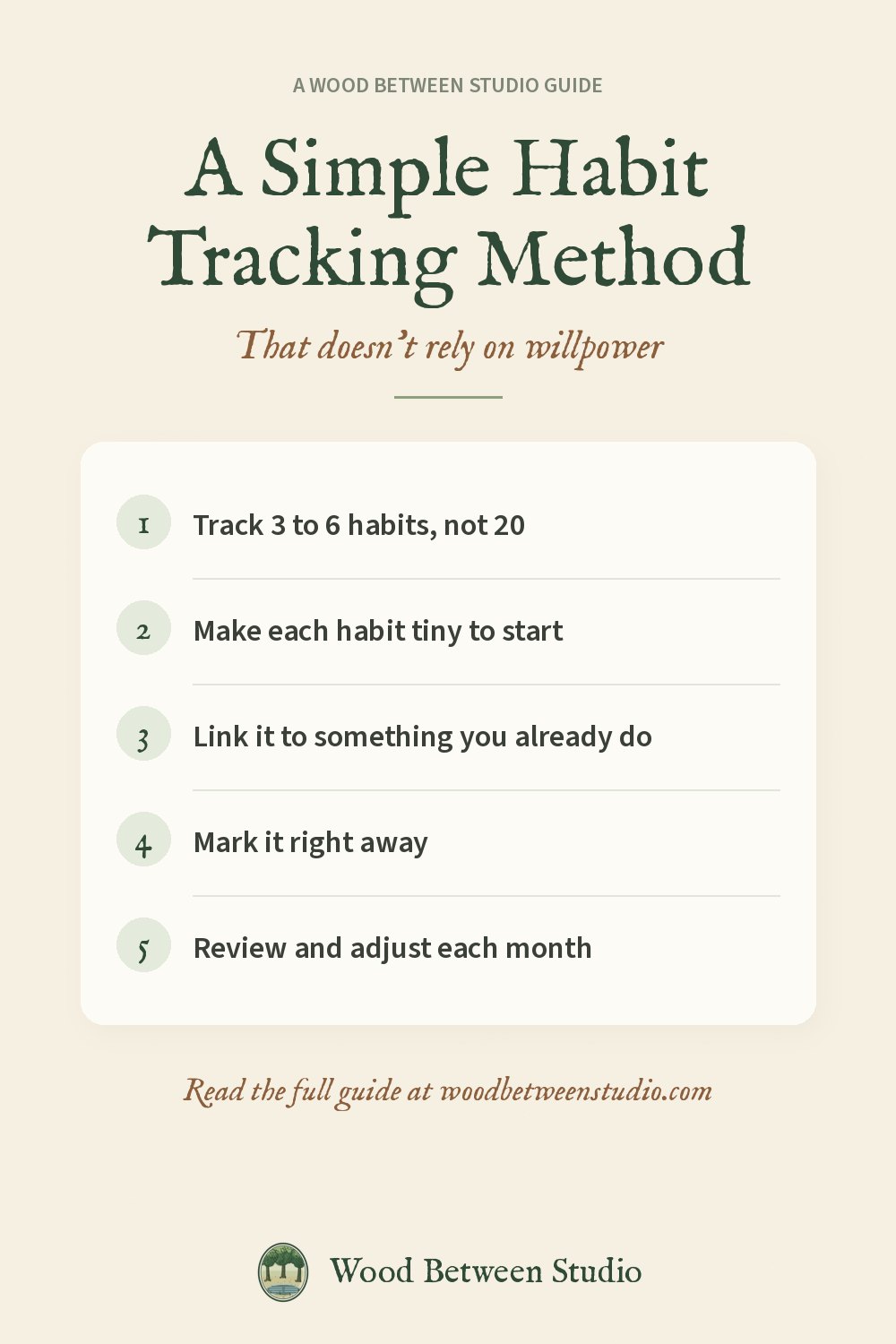 Pinterest image for this guide: A Simple Habit Tracking Method. Track 3 to 6 habits, not 20. Make each habit tiny to start. Link it to something you already do. Mark it right away. Review and adjust each month.
