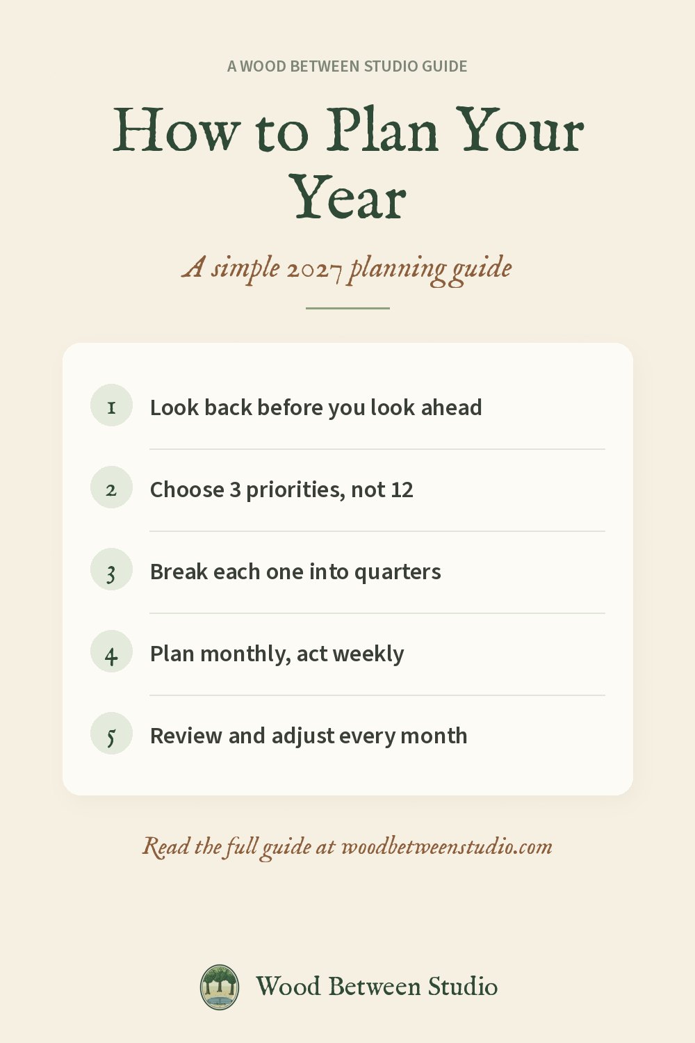 Pinterest image for this guide: How to Plan Your Year. Look back before you look ahead. Choose 3 priorities, not 12. Break each one into quarters. Plan monthly, act weekly. Review and adjust every month.